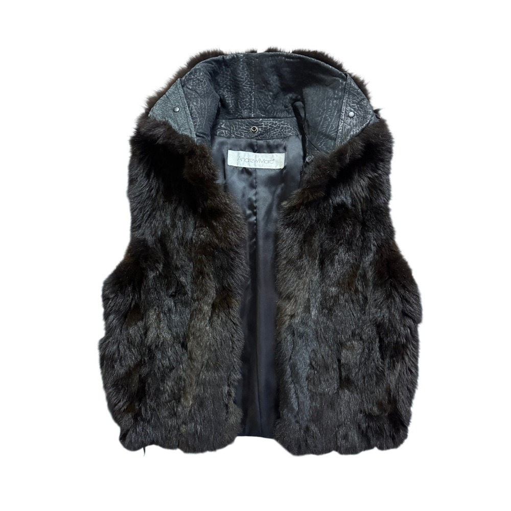 Andrew Marc Womens New Zealand Opossum Fur Vest Brown Leather Trim Size S